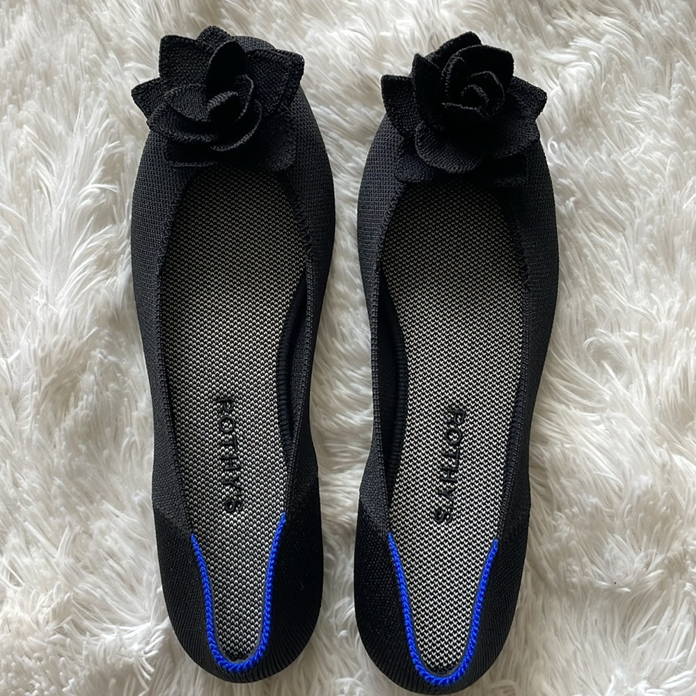 Rothy's Black Knit Flats with Blue Accent and Floral Detail
